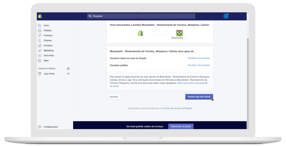 Instalar o App via sistema do Shopify